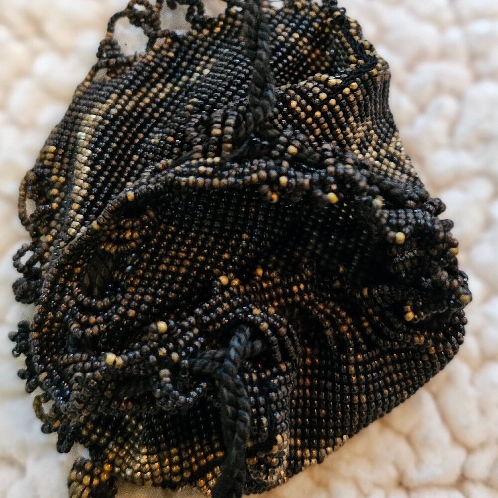 Antique Beaded Drawstring Pouch – Black & Gold, Fringe Tassels, Art Deco Style - Picture 10 of 10